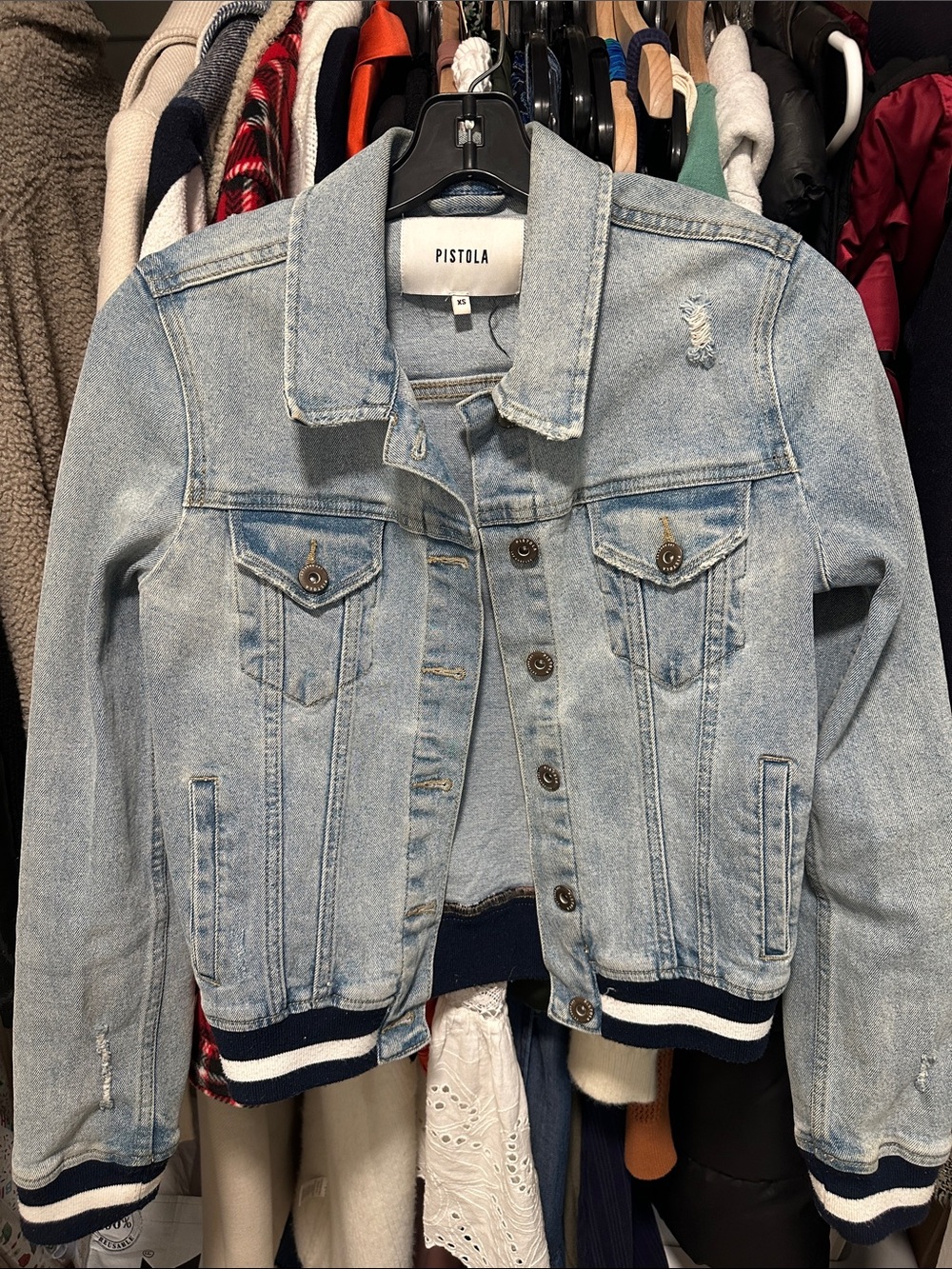 Pistola Light Wash Denim Jacket with Navy Stripe Hem